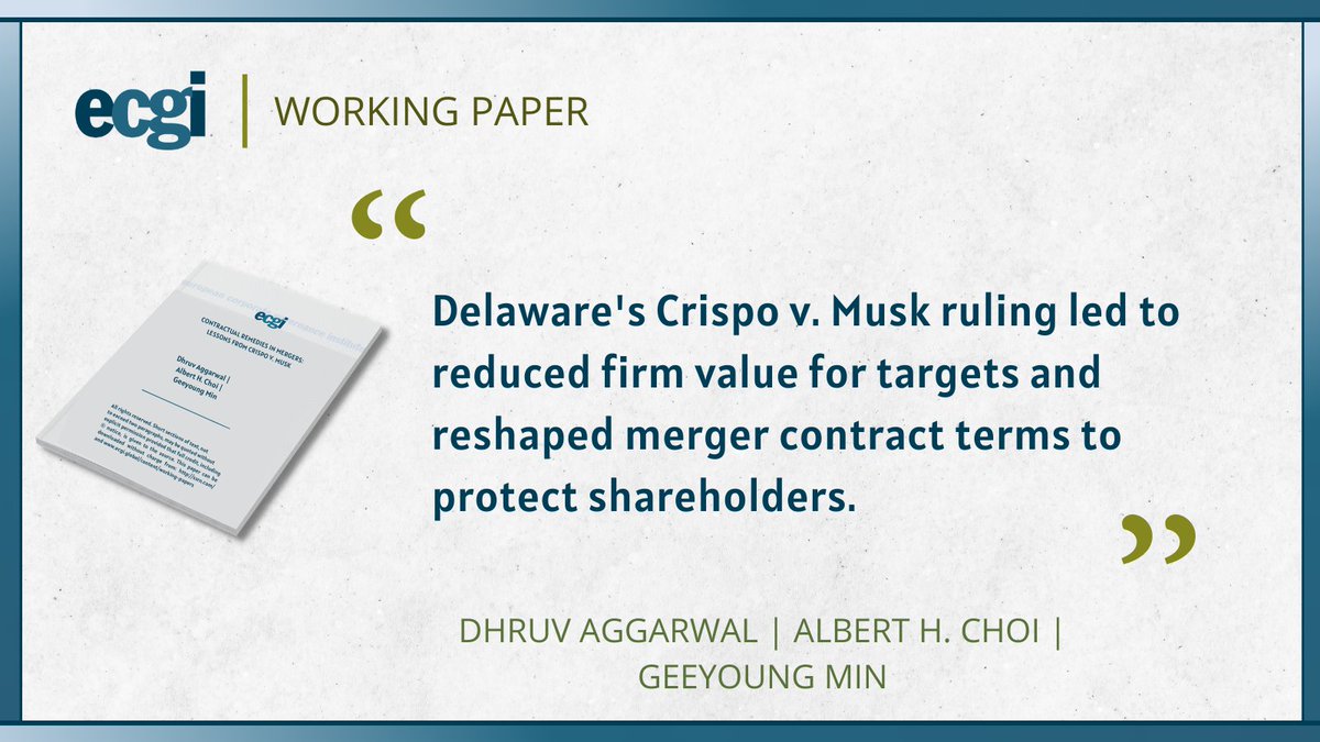 ECGI Working Papers (@ecgiwp) on Twitter photo 📗 Contractual Remedies in Mergers: Lessons from Crispo v. Musk: mailchi.mp/ecgi/789
👥 <a href="/DhruvChandAgga1/">Dhruv Chand Aggarwal</a> (<a href="/NorthwesternLaw/">Northwestern Law</a>), <a href="/ProfAlbertChoi/">Albert Choi</a> (<a href="/UMich/">University of Michigan</a> and ECGI), and <a href="/geeyoungmin/">Geeyoung Min</a> (<a href="/MSULaw/">MSU College of Law</a>)
#ecgiwp <a href="/SSRN/">SSRN</a> #corpgov #MergersAndAcquisitions #LegalResearch 📗 Contractual Remedies in Mergers: Lessons from Crispo v. Musk: mailchi.mp/ecgi/789
👥 <a href="/DhruvChandAgga1/">Dhruv Chand Aggarwal</a> (<a href="/NorthwesternLaw/">Northwestern Law</a>), <a href="/ProfAlbertChoi/">Albert Choi</a> (<a href="/UMich/">University of Michigan</a> and ECGI), and <a href="/geeyoungmin/">Geeyoung Min</a> (<a href="/MSULaw/">MSU College of Law</a>)
#ecgiwp <a href="/SSRN/">SSRN</a> #corpgov #MergersAndAcquisitions #LegalResearch