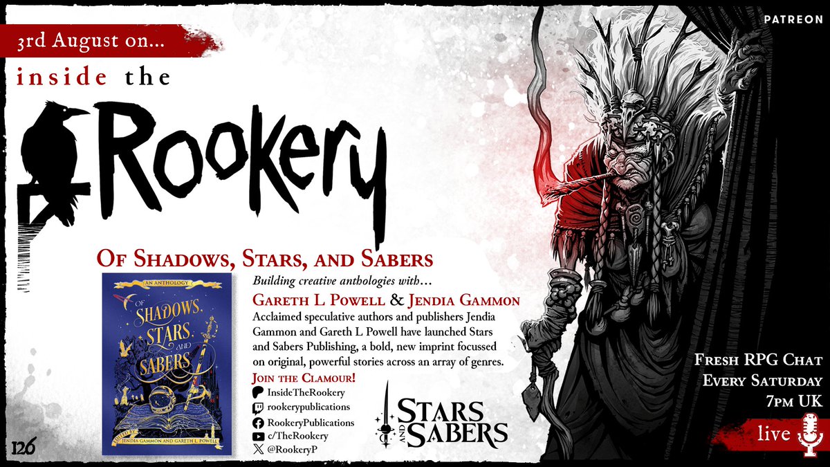 This weekend we'll be talking all things <a href="/stars_andsabers/">Stars and Sabers Publishing</a> with <a href="/jendiagammon/">Jendia Gammon</a> and <a href="/garethlpowell/">Gareth L. Powell</a> #InsideTheRookery. 

How do you launch a new publishing imprint, and how do you assemble the avengers of speculative fiction to produce a kick-ass anthology of genre fiction?