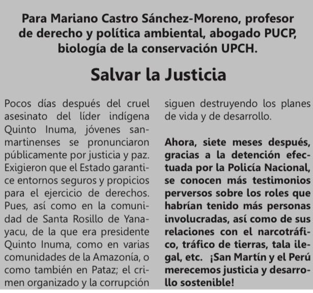 marianocastro's tweet photo. Salvar la Justicia #SanMartin Crueles testimonios. Detenido confiesa roles criminales  vinculados con el asesinato del defensor ambiental e indígena #QuintoInuma  @Diario_Voces https://t.co/EfmcUIYV7l