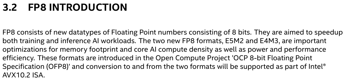 InstLatX64's tweet photo. #Intel released the #AVX10_2 specification 1.0:
https://t.co/OFgmwAJkGd
#FP8 #BF16 #FP16 E5M2/E4M3
EVEX version of #AVX_VNNI_INT16 #AVX_VNNI_INT8 https://t.co/ph0wp4k2q4