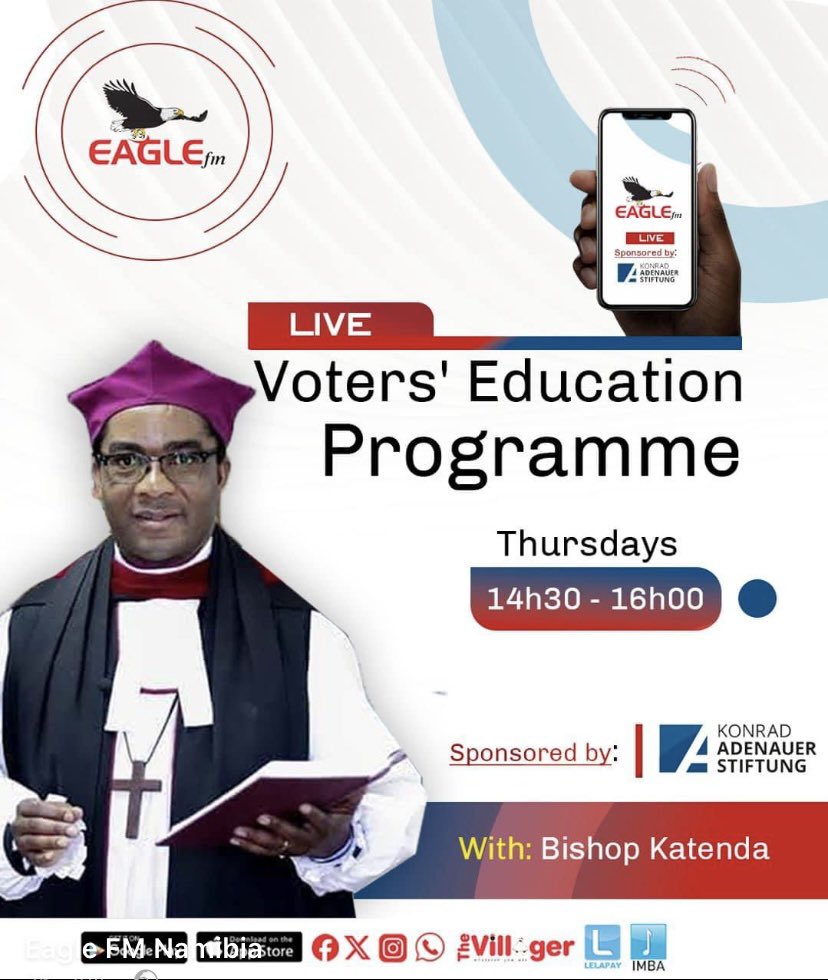 Tune in every Thursday for the Voters’ Education Programme at EagleFM.
Join Bishop Katenda from 14:30 to 16:00 to discuss various matters regarding the voting process and what it entails.