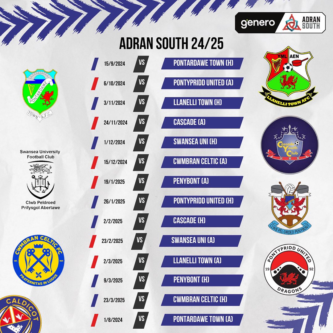 Our Fixtures for the 24/25 <a href="/AdranLeagues/">Genero Adran Leagues 🏴󠁧󠁢󠁷󠁬󠁳󠁿</a> South.

We start of hosting <a href="/PontyLadiesFC/">Pontardawe Ladies</a>. We are away to <a href="/CwmbranCeltLFC/">Cwmbran Celtic LFC</a> just before the Christmas. A trip to <a href="/PenybontWomenFC/">Penybont Women FC</a> opens up 2025 and we finish off away at <a href="/pontylfc/">Pontardawe Ladies FC</a>. 

We hope to see you supporting us along the way. #UppaTown