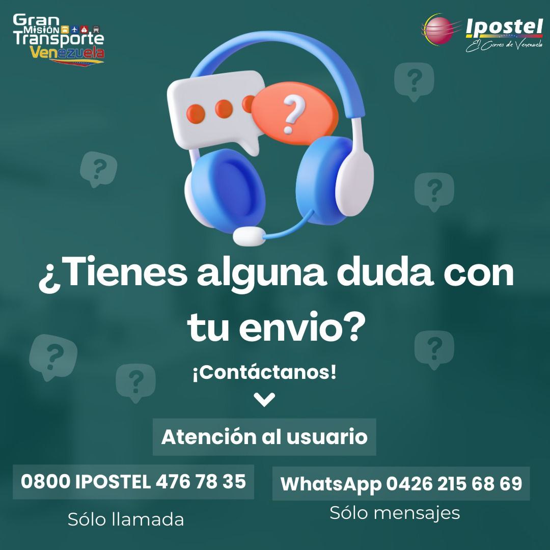 #01Agosto || • ¡Atención usuarias y usuarios  de IPOSTEL!

¿Necesitas ayuda con un envío, tienes alguna duda sobre nuestros servicios o deseas realizar un reclamo?

🗓️ bit.ly/3wKljyZ

#VenezuelaEsPaz