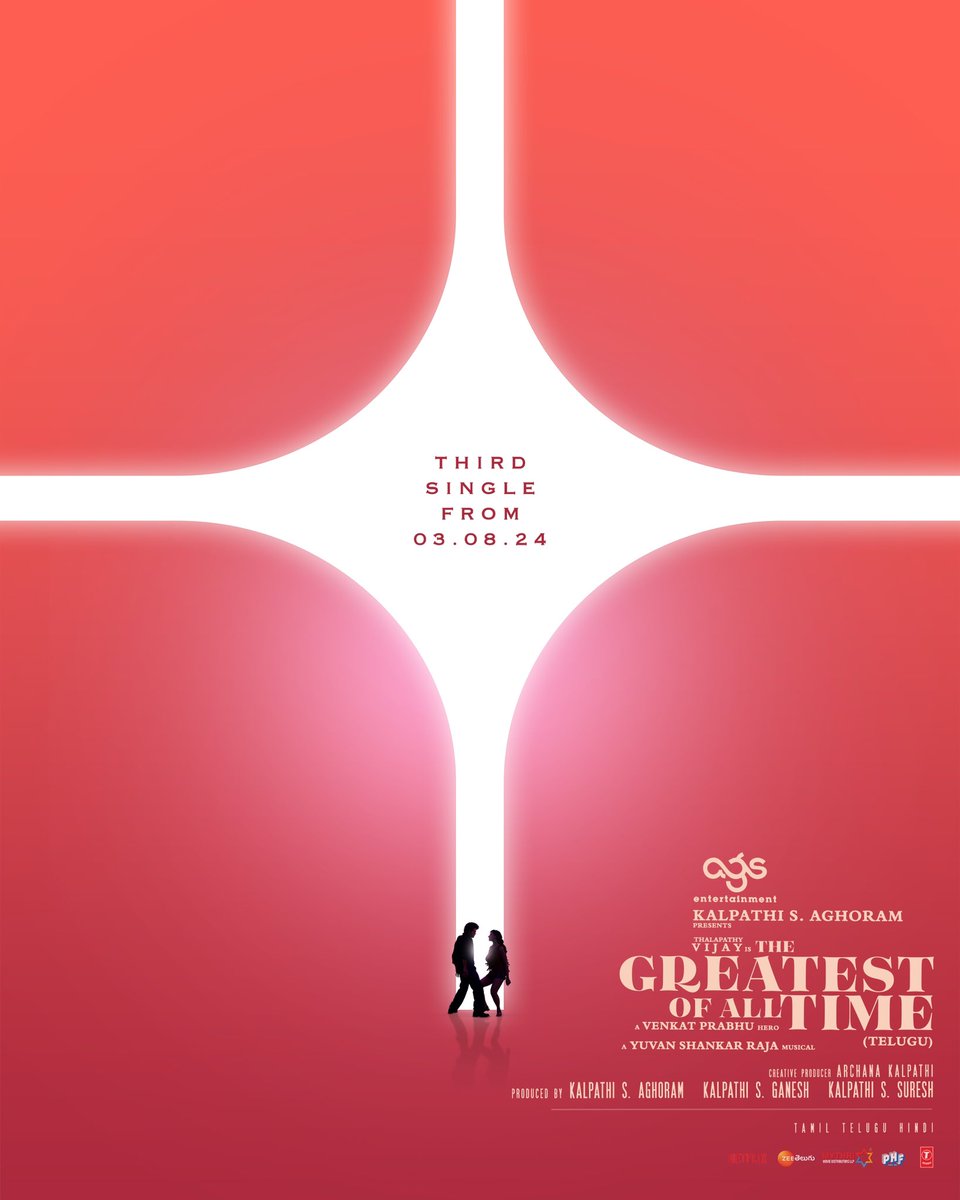 UVJN's tweet photo. #TheGoatThirdSingle is releasing on Aug 3rd 

Next update-u Tomorrow 11 AM 😁

@actorvijay Sir

A @vp_offl Hero

#TheGreatestOfAllTime
#ThalapathyIsTheGOAT

#KalpathiSAghoram
#KalpathiSGanesh
#KalpathiSSuresh

@Ags_production
#GOAT @thisisysr

@actorprashanth @PDdancing @dhilipaction #Mohan #Jayaram @actress_Sneha #Laila @meenakshiioffl @iYogiBabu @paro_nair @actor_ajmal #VTVGanesh @actor_vaibhav @Premgiamaren @aravindaakash @ajayraaj @komalsharmaj @archanakalpathi @aishkalpathi @venkat_manickam @malinavin @siddnunidop @mesuryarajeevan @rajeevan69 @venk_editor @dirsasikumar_p @dirpitchumani @Senthil__off @NetflixIndia @TSeries @MythriOfficial #RomeoPictures @PharsFilm @ZeeTamil #ZeeTamil @onlynikil @RIAZtheboss