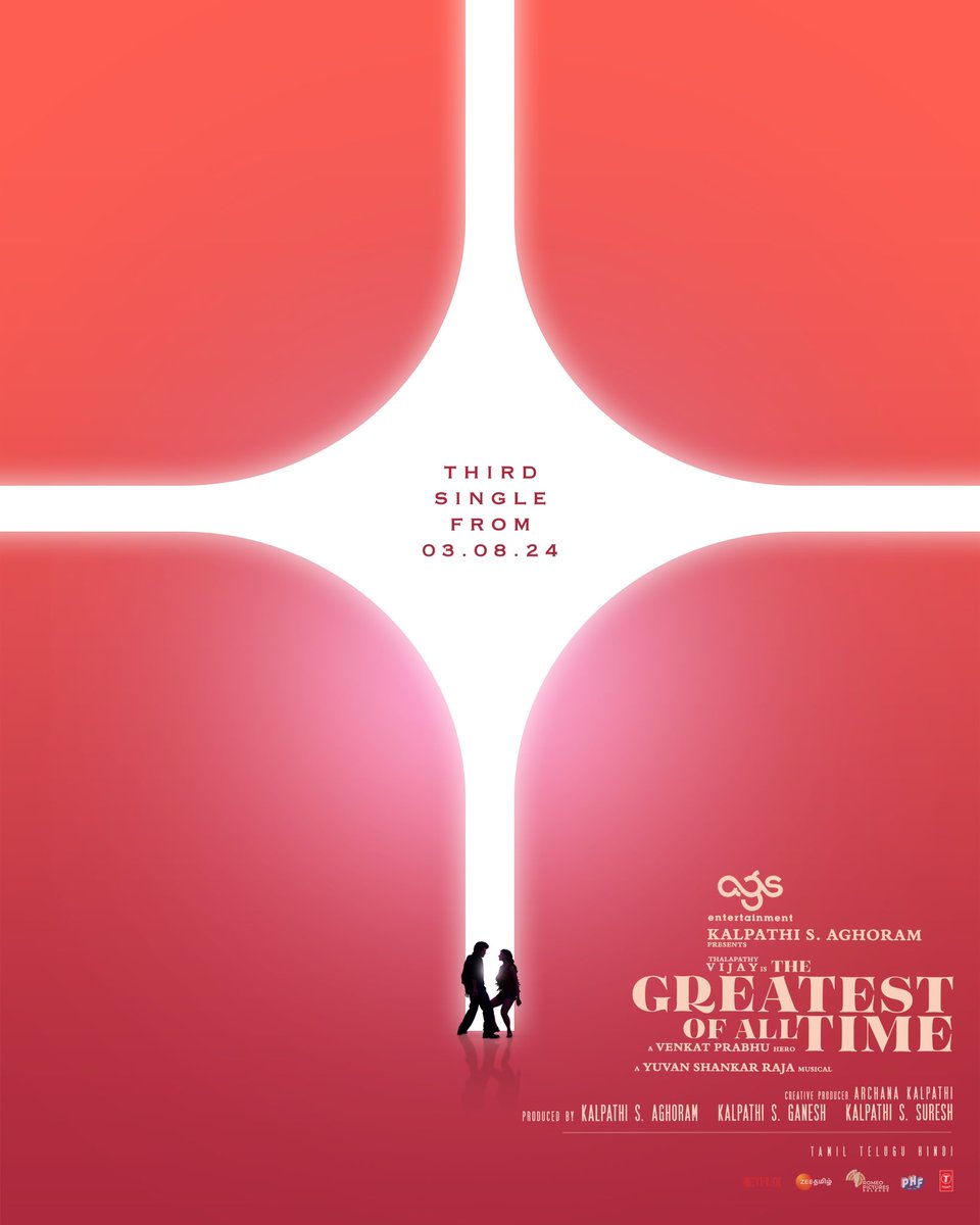 UVJN's tweet photo. #TheGoatThirdSingle is releasing on Aug 3rd 

Next update-u Tomorrow 11 AM 😁

@actorvijay Sir

A @vp_offl Hero

#TheGreatestOfAllTime
#ThalapathyIsTheGOAT

#KalpathiSAghoram
#KalpathiSGanesh
#KalpathiSSuresh

@Ags_production
#GOAT @thisisysr

@actorprashanth @PDdancing @dhilipaction #Mohan #Jayaram @actress_Sneha #Laila @meenakshiioffl @iYogiBabu @paro_nair @actor_ajmal #VTVGanesh @actor_vaibhav @Premgiamaren @aravindaakash @ajayraaj @komalsharmaj @archanakalpathi @aishkalpathi @venkat_manickam @malinavin @siddnunidop @mesuryarajeevan @rajeevan69 @venk_editor @dirsasikumar_p @dirpitchumani @Senthil__off @NetflixIndia @TSeries @MythriOfficial #RomeoPictures @PharsFilm @ZeeTamil #ZeeTamil @onlynikil @RIAZtheboss