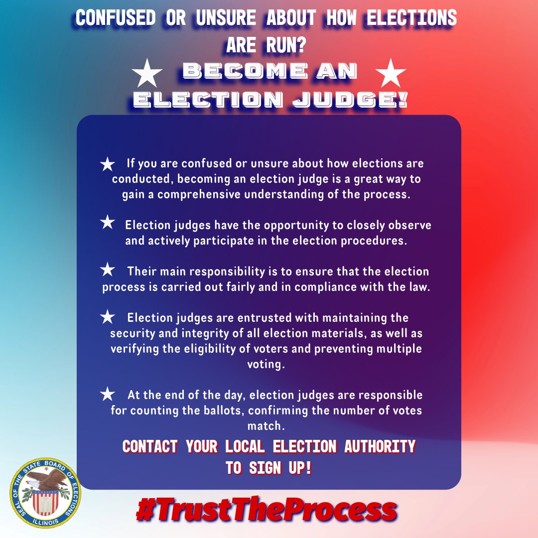 illinoissbe's tweet image. Happy National Pollworker Recruitment Day! 🌟 Want to dive deep into the world of elections? Consider becoming an election judge and witness the process firsthand. It's a rewarding way to contribute to your community! #ElectionJudge #PollworkerRecruitment #CivicResponsibility