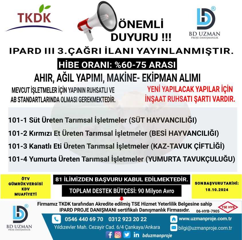 TKDK IPARD 3 Hayvancılık Destekleri başlamıştır.
Süt Hayvancılığı, Besi Hayvancılığı, Kanatlı Yetiştiriciliği, Yumurta Üretimi  
%60-75 arası HİBE DESTEĞİ.
#ipard #tkdk