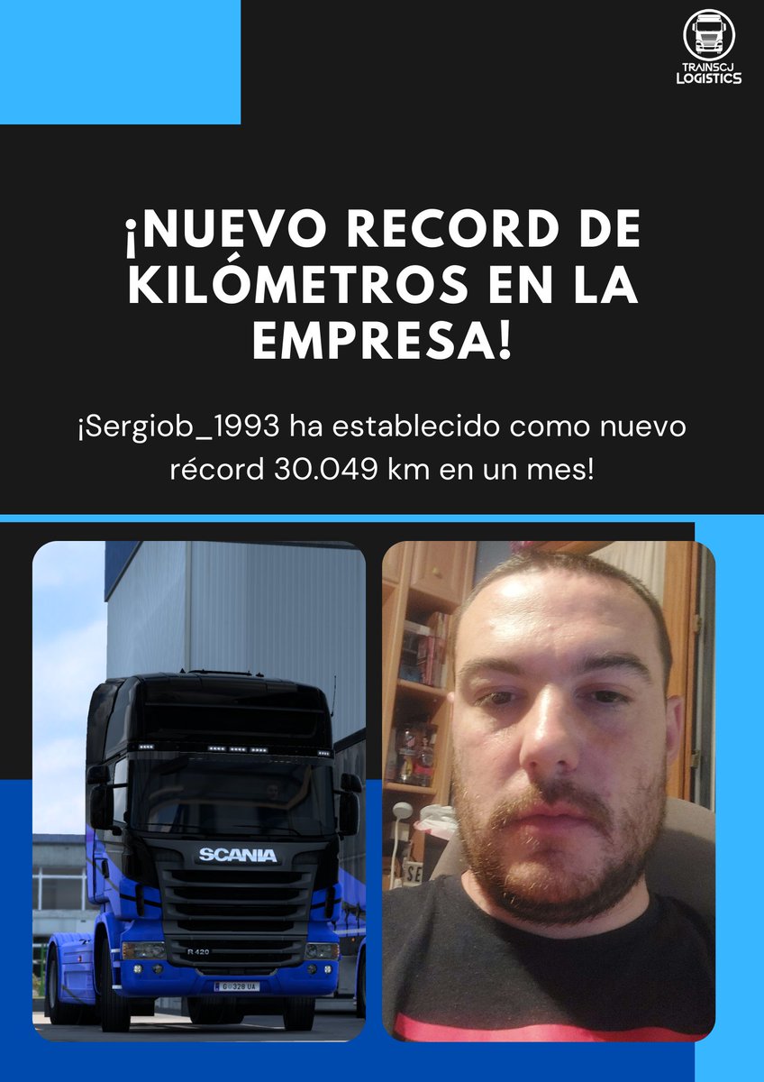 Trainscj's tweet photo. 🟥¡NUESTRO COMPAÑERO SERGIO HA BATIDO EL RÉCORD DE KLÓMETROS EN UN MES DE NUESTRA EMPRESA!🟥 

🥳¡ENHORABUENA!🥳

¿Conseguirán superarlo?
💙🚛🖤

#record #kilometros #kilometres #EuroTruckSimulator2 #ets2 #tuck #camión  #TrainscjLogistics https://t.co/mBEwHBO1c5