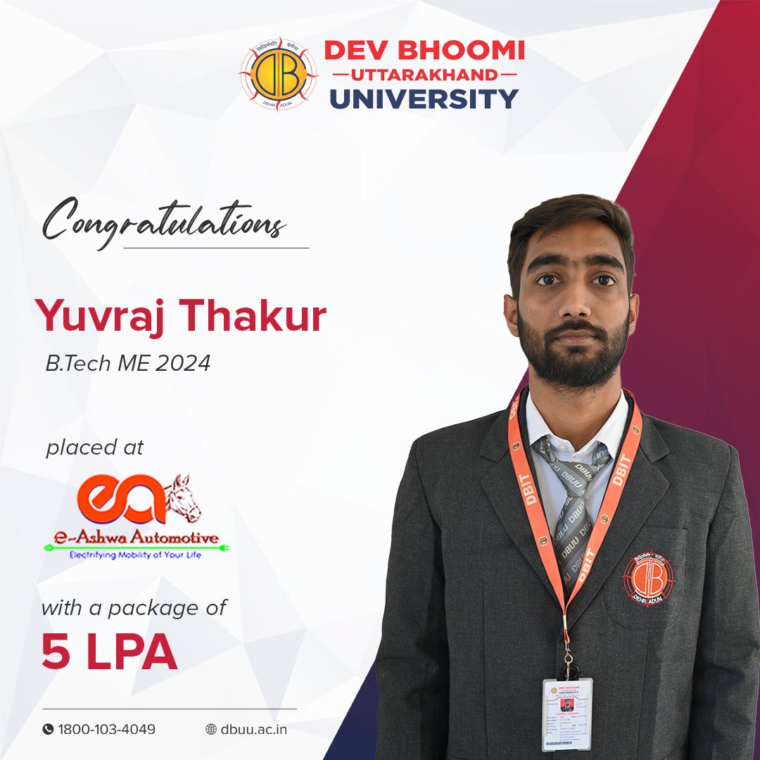 dbuu_dehradun's tweet image. Congratulations to Yuvraj Thakur!

We are thrilled to announce that Yuvraj Thakur, a dedicated B.Tech ME student from Dev Bhoomi Uttarakhand University, has secured a placement at E-Ashwa Automotive Pvt. Ltd!

#DBUU #PlacementSuccess #BTechME