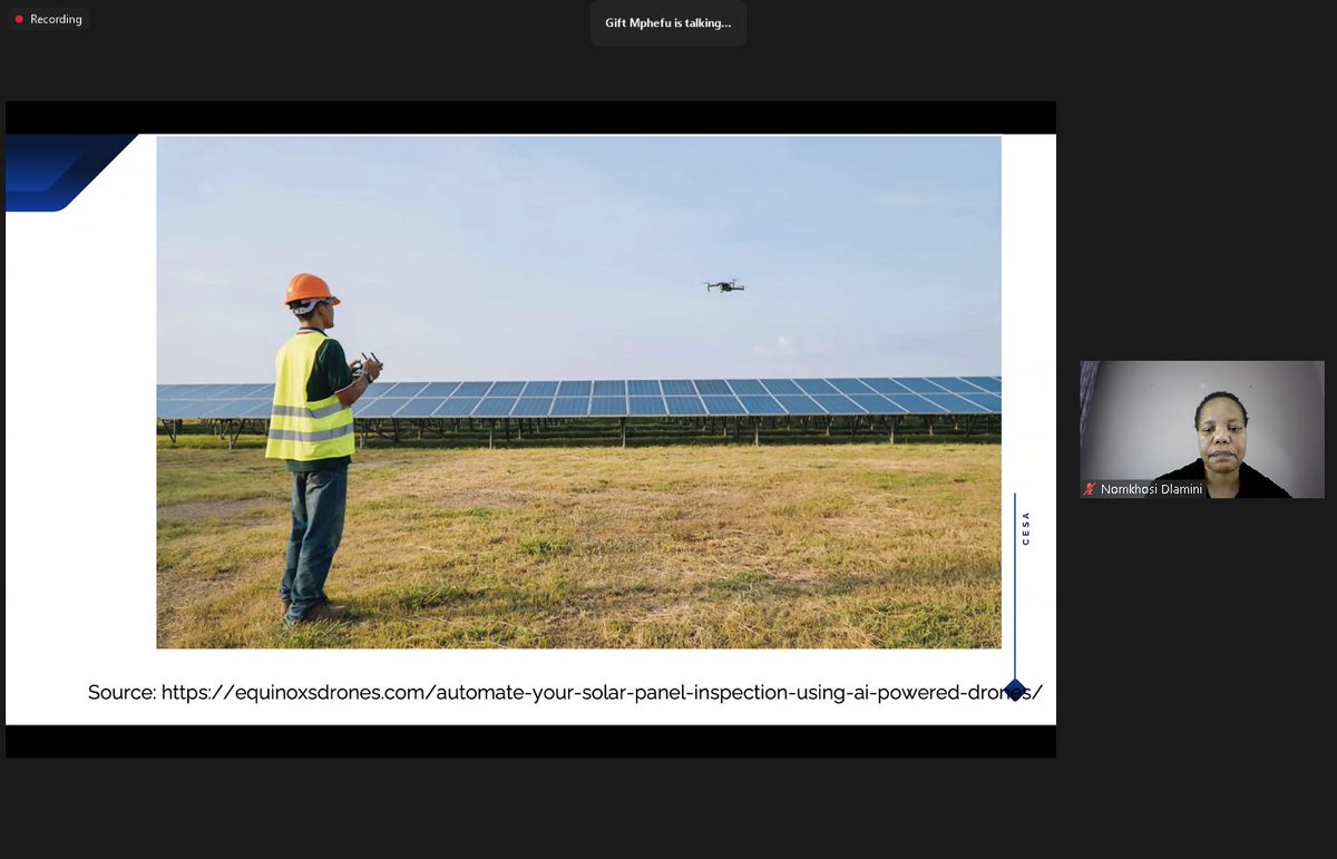 The_CESA's tweet photo. Dr Gift Mphefu states "We have witnessed advances in machine learning, a combination of machine learning and artificial intelligence can benefit the renewable energy ecosystem." #CESAWebinar
#CESAAdvocacy
#TEIF https://t.co/KJhCZljxUg