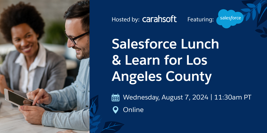 Carahsoft's tweet image. Discover the power of collaboration with @salesforce on 8/7. #LACounty agencies will share how they enhance #interdepartmentalteamwork &amp;amp; #streamlineoperations: carah.io/46a387