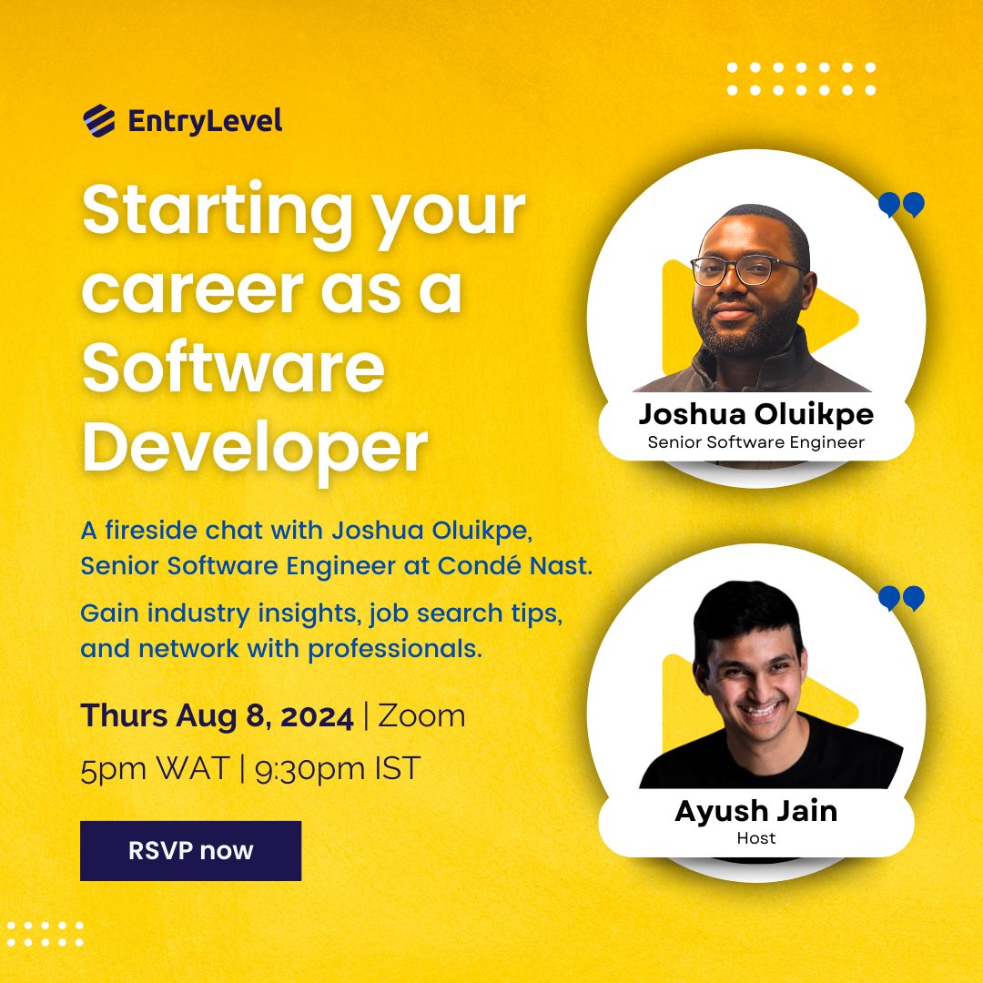 EntryLevelNet's tweet image. Ready to launch your software development career? 🚀
Join us for an exclusive fireside chat with Joshua Oluikpe, Senior Software Engineer at Condé Nast! Gain industry insights, job tips, and network with professionals.
RSVP now: lu.ma/21gn70qw