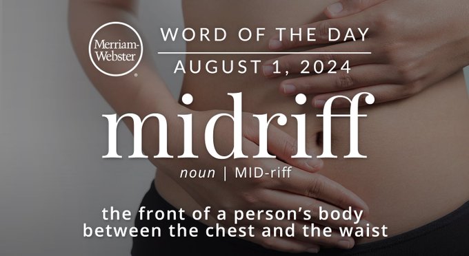 Merriam-Webster Word of the Day August 1, 2024 'midriff' noun | MID-riff "the front of a person's body between the chest and the waist" Background Image: A person's midriff