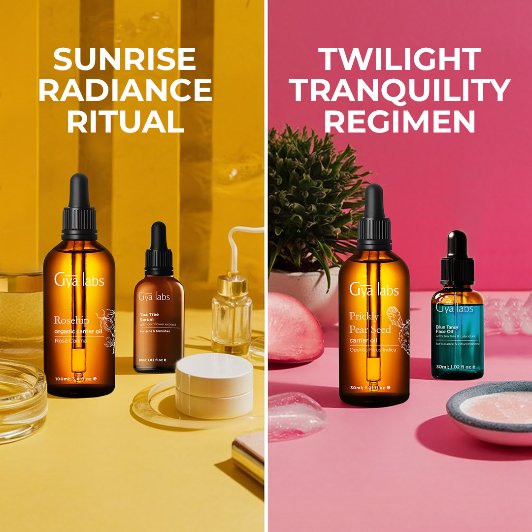 Gya_Labs's tweet image. Start your day with a refreshed glow &amp;amp; end it with radiant skin!
Sunrise Radiance Ritual:
- Apply Tea Tree Serum
- Pat in Rosehip Oil to hydrate &amp;amp; brighten
Twilight Tranquility Regimen:
- Use 1-2 drops of Prickly Pear Oil
- Finish with Blue Tansy Facial Oil 
#CleanseYourSkinWeek