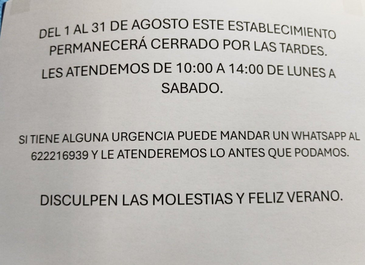 Recordad que durante el mes de agosto, nosotros también descansamos un poco.
Os atendemos cada mañana de 10:00 a 14:00. Tardes cerrado.
Feliz verano a todos.