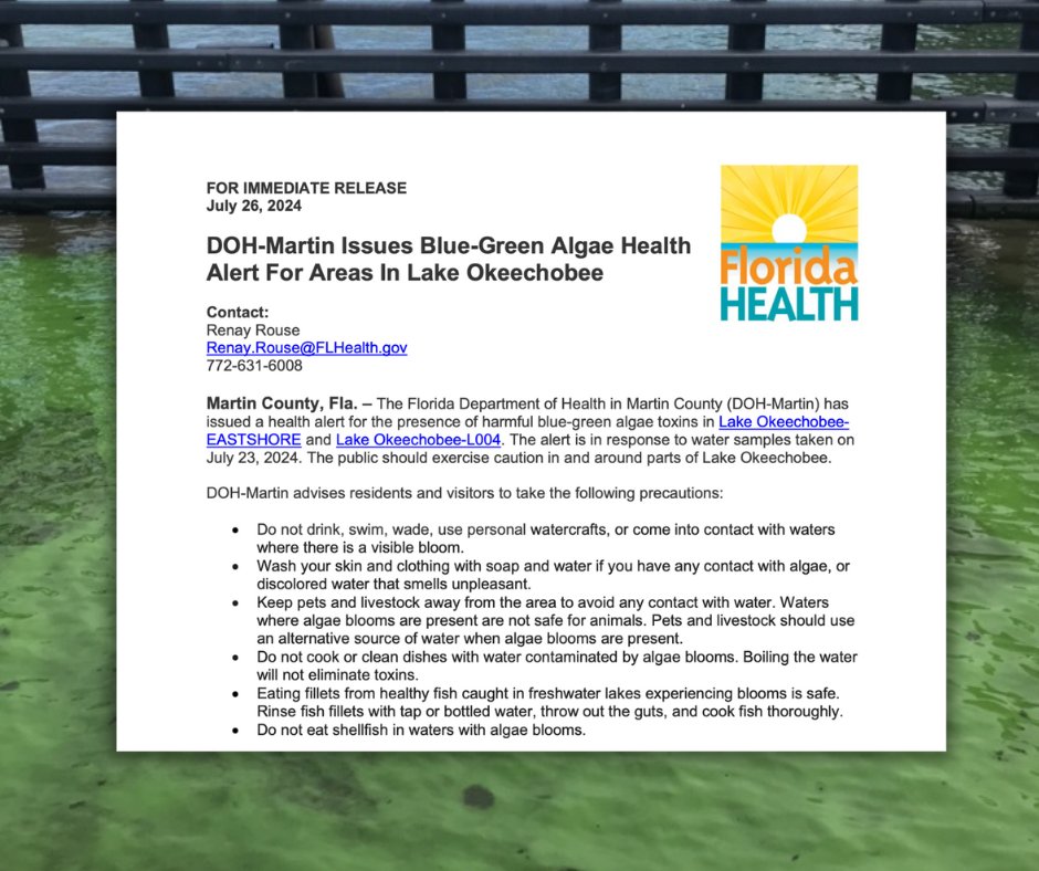 RepBrianMast's tweet photo. An active health alert remains in effect for Martin County due to the presence of toxic blue-green algae in Lake Okeechobee.
Keep this toxic crap out 👏 of 👏 our 👏community 👏. #ZeroDischarges https://t.co/48KZWSlxg5