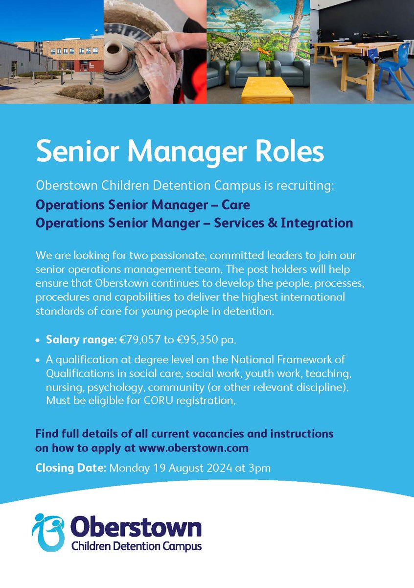 We are hiring: Operations Senior Managers. Read more about the roles and apply at: bit.ly/Oberstown_Jobs. Closing date: 19 August 2024. #leadership #socialcare