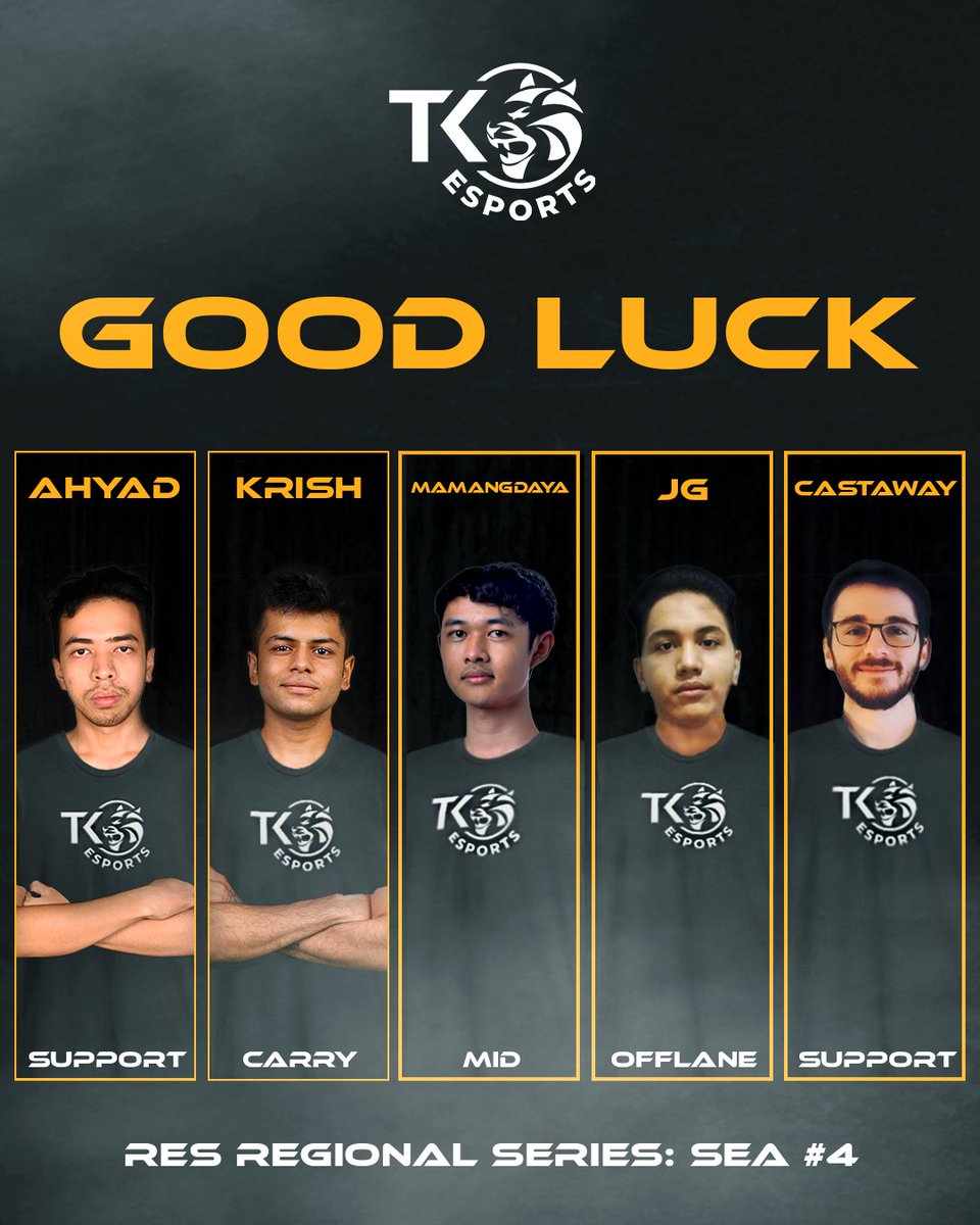 TKesportsSEA's tweet photo. @REScircuit_EN Roster:

Pos 1: @Krishdota
Pos 2: Mamang.daya
Pos 3: @jgdota
Pos 4: ahyad_hsm
Pos 5: @castawaydota
Manager: @fernandochow1

Believe in yourselves, trust your instincts, and play your hearts out. GLHF! #TKesportsSEA #Dota2Malaysia #Dota2 #RESCircuit https://t.co/Ft4G6X4ZLf