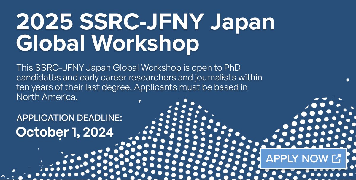 APPLY NOW | The 2025 Japan Global Workshop will be February  19-22, 2025. PhD candidates, early career researchers and journalists can take advantage of this amazing opportunity! Please share widely. <a href="/JF_NewYork/">The Japan Foundation, New York</a> and <a href="/ssrc_org/">SSRC</a>   ssrc.org/programs/abe-f…