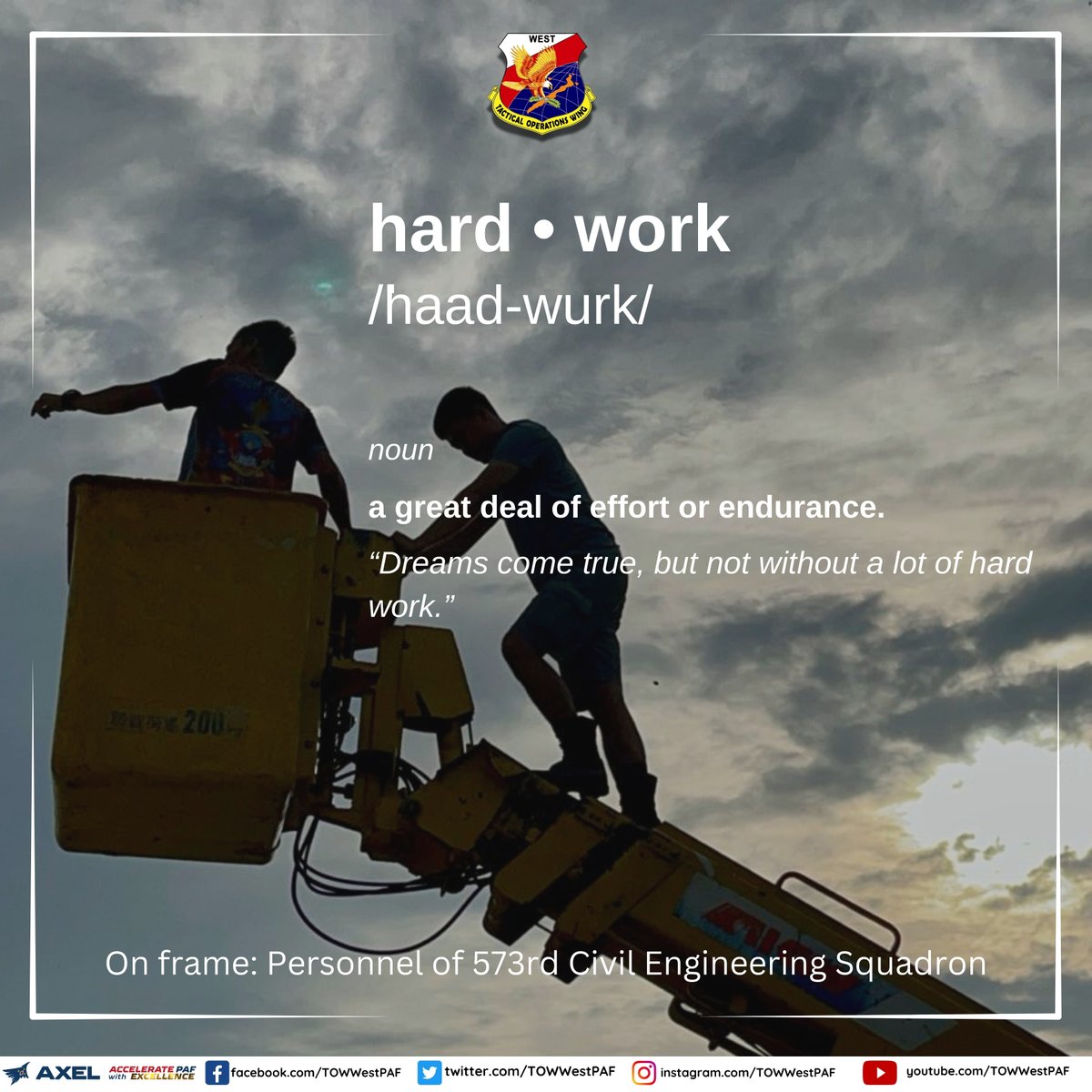 TOWWestPAF's tweet photo. HARDWORK - a great deal of effort or endurance
"Dreams come true, but not without a lot of hard work."
On frame: Personnel of 573rd Civil Engineering Squadron.
Photo by: AM Nicanor
#Philippine Air Force
#TOWWEST
#TOWWESTCares https://t.co/RcUVBG3yBw