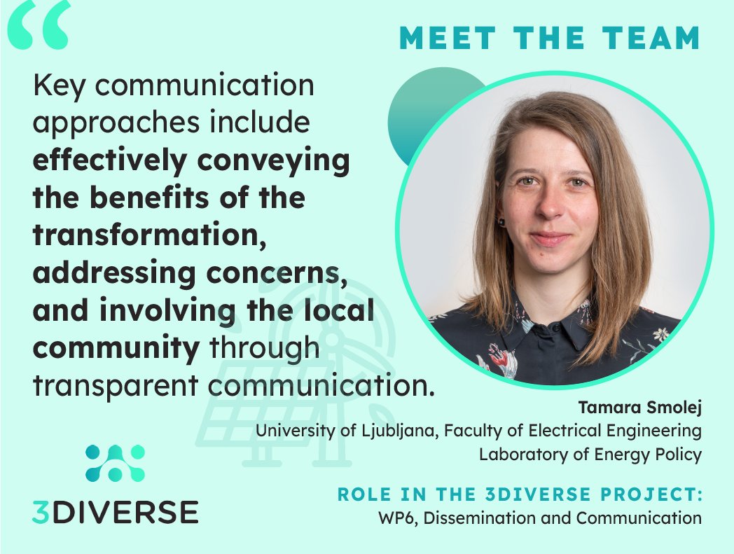 3DiVERSE (@3diverse22) on Twitter photo 🌟Introducing #3DiVERSE Team🌟
Meet Tamara Smolej from <a href="/LESTLab/">Energy Policy Lab</a>. She believes the biggest challenge in transforming the Šaleška Valley is communicating benefits, addressing concerns, and involving the local community through transparent and impactful communication. 📣🌱👥 🌟Introducing #3DiVERSE Team🌟
Meet Tamara Smolej from <a href="/LESTLab/">Energy Policy Lab</a>. She believes the biggest challenge in transforming the Šaleška Valley is communicating benefits, addressing concerns, and involving the local community through transparent and impactful communication. 📣🌱👥