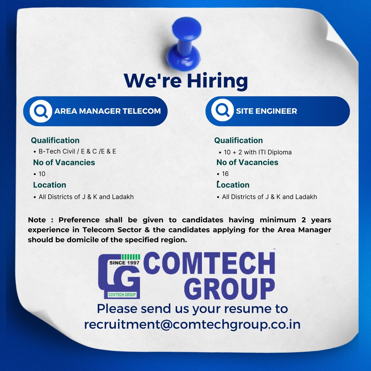 ComtechGroupInd's tweet photo. Comtech Group Invites Applications for the mentioned Position in  Jammu and Kashmir
Drop your Resume at recruitment@comtechgroup.co.in
#jobsearch
#jobs2024
#telecom
#jobvacancy
#recruitment
#srinagar
#JammuAndKashmir
#jammu
#Kashmir
#comtechgroup
#follower https://t.co/zly3N6pddw