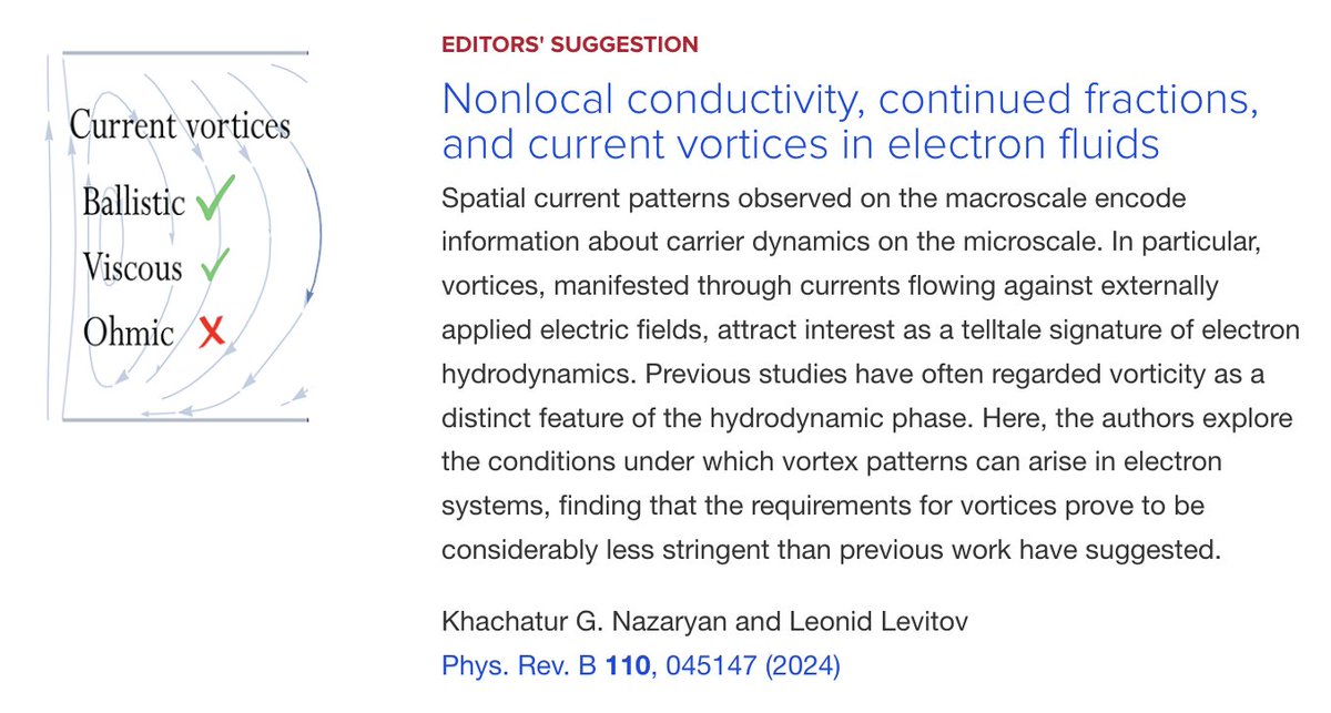 PhysRevB's tweet photo. PRB Editors' Suggestion: Nonlocal #conductivity, continued fractions, and current vortices in #ElectronFluids
Khachatur G. Nazaryan and Leonid Levitov
Phys. Rev. B 110, 045147
➡️ https://t.co/nYjQoGiNZe
#EdSugg #physics #condmat @APSPhysics https://t.co/jkTO6MTxdx