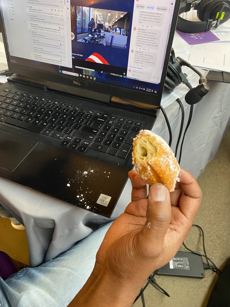AVPMikeFerguson's tweet image. It has begun: #GabeMakesABeignetMess at #PJsCoffee in O’Fallon.

@NewstalkSTL @johnphilosopher