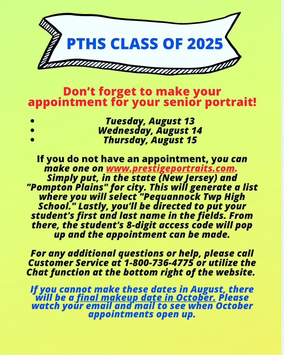 2025 Seniors! Time to make your appointment for your senior portrait! Reach out to prestigeportraits.com with any questions. We can’t wait to see your smiles! <a href="/pthsnation/">Pequannock Township High School</a> 💛💙🎓📸