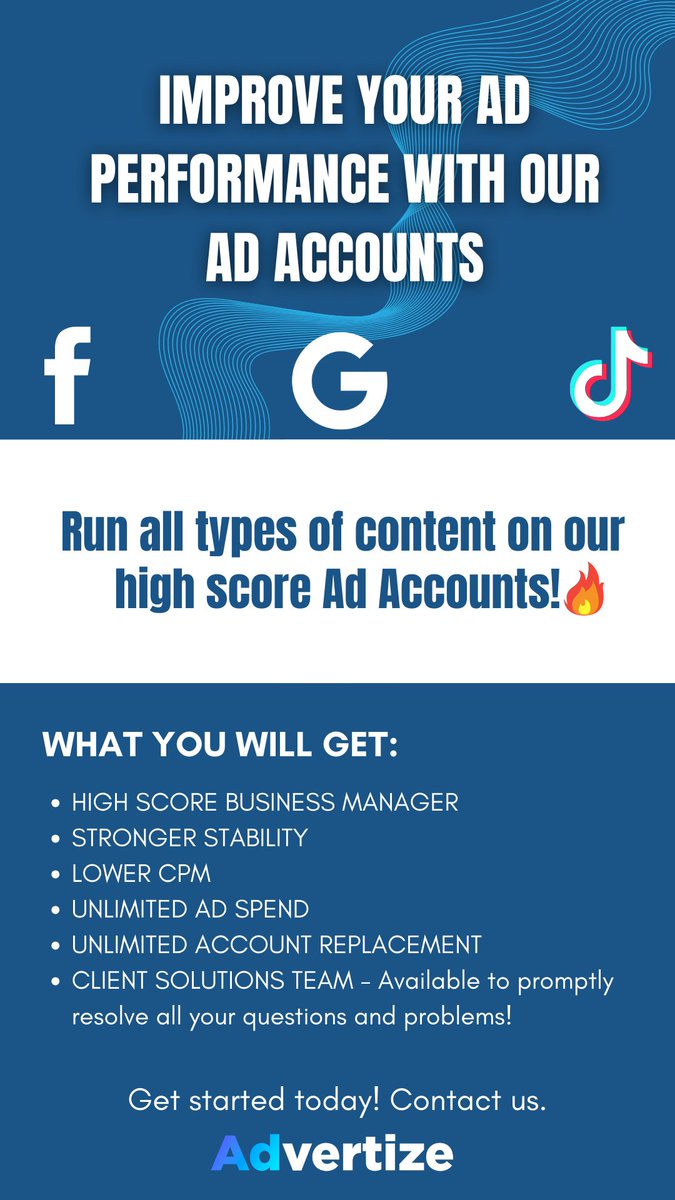 Advertizecc's tweet image. Hey there!
We offer Ad Agency accounts for Facebook, Google, and TikTok! Capable of supporting all types of content to help you 🚀
Want to know more about the different types of accounts and their benefits, our telegram @AdvertizeSales #MarketingStrategy #SmallBusinessSupport