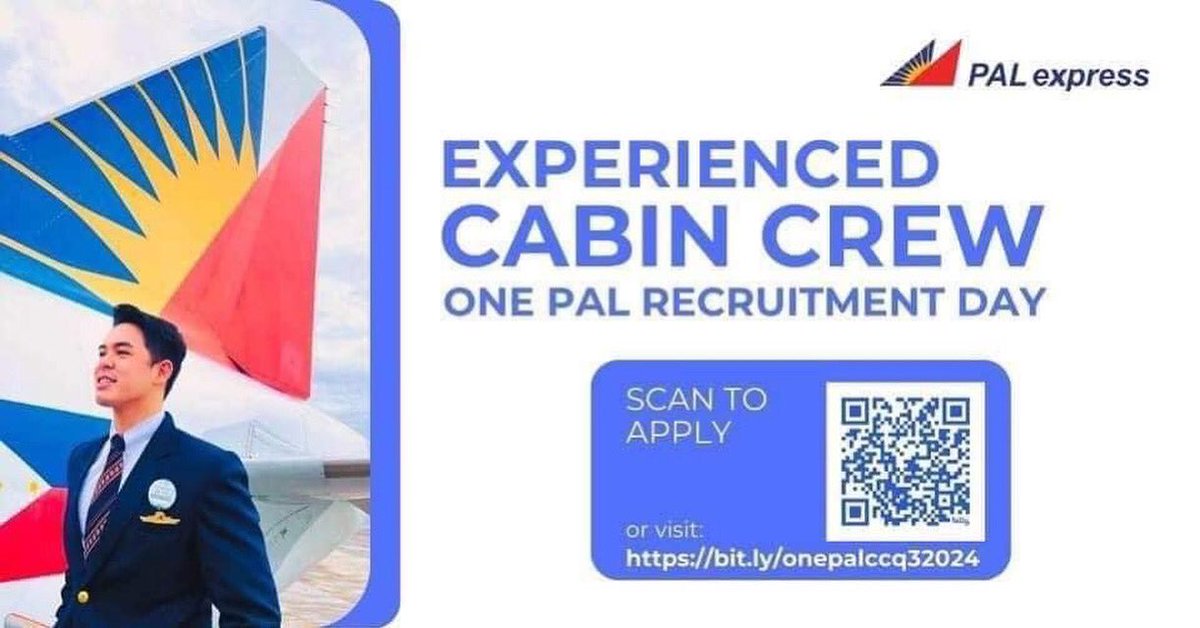 leonides_pena's tweet photo. PALexpress opens its doors to experienced cabin crew this August 2024. You may scan the QR code or visit https://t.co/d9MCzBP9XR to know more about the hiring requirements for experienced cabin crew. The job posting will be available until August 04, 2024 (Sunday). https://t.co/Q7cpiinqrH