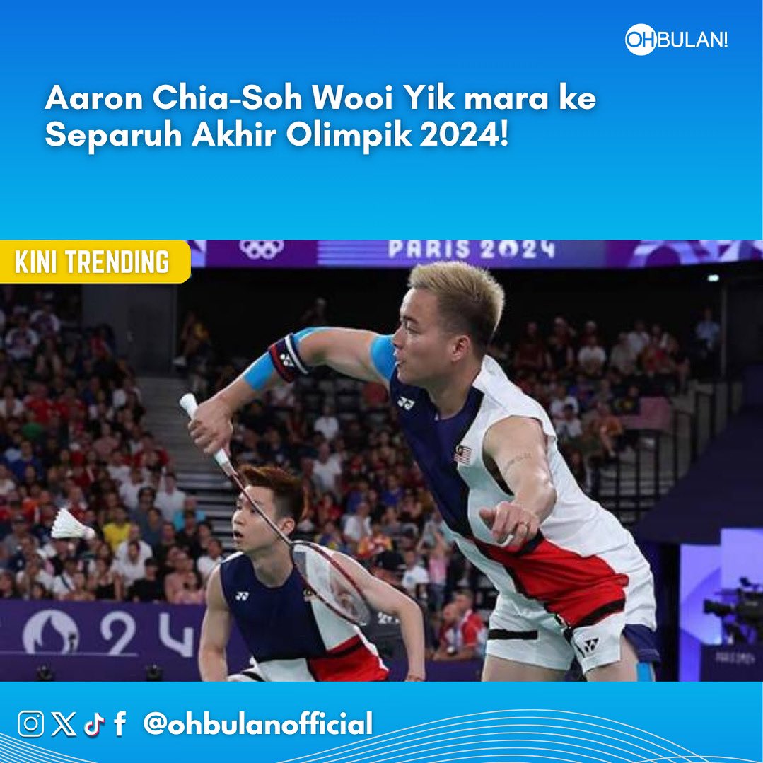 ohbulanofficial's tweet image. Aaron Chia-Soh Wooi Yik mara ke separuh akhir, tundukkan Satwiksairaj Rankireddy-Chirag Shetty dari India! Mantap 🔥🔥
#ohbulan #trendingnewsmalaysia
#aaronchia #sohwooiyik #mara #separuhakhir
#olympicsparis2024
Sumber: BERNAMA