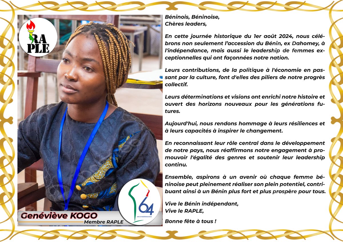 raplebj's tweet photo. MESSAGE DU RAPLE POUR LA CELEBRATION DE L’INDEPENDANCE DU BENIN – 1er AOUT 2024
https://t.co/dfMHQyqZ8o https://t.co/FmuUsMhsPA