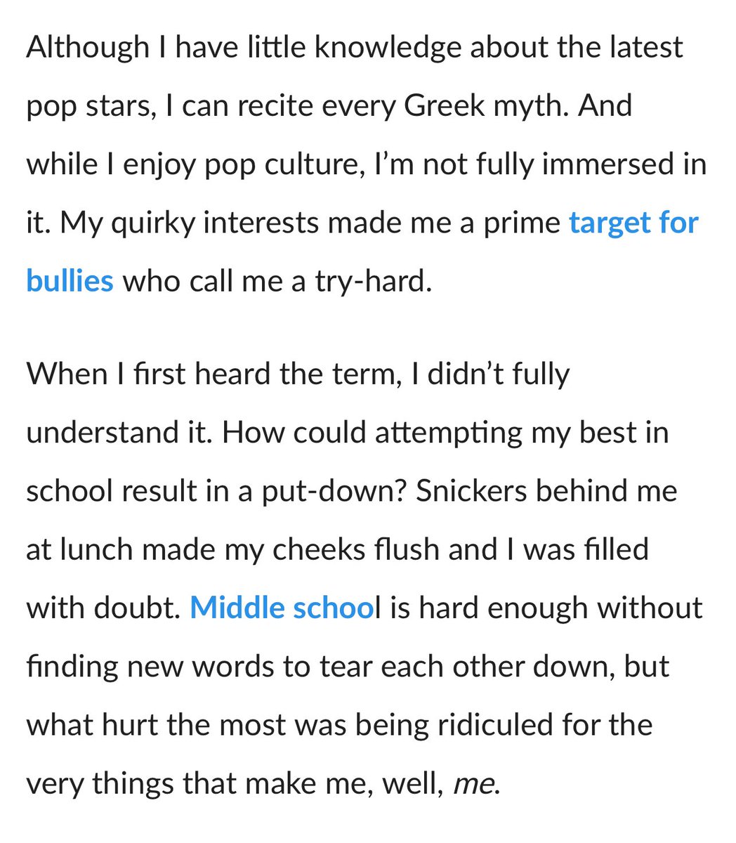 historycomics's tweet photo. My daughter was called a “try hard” for caring about her education and bullied. She wrote this article in 8th grade as a response. Many teachers share this article w/students to begin their school year. She is now headed to an honors university program and has an entire semester of college complete due to gaining all 5’s in 5 AP courses. It is her love of reading and education, and knowing her true self, that has gotten her to this point. So proud of her. https://t.co/KcFLkQ2ZLL