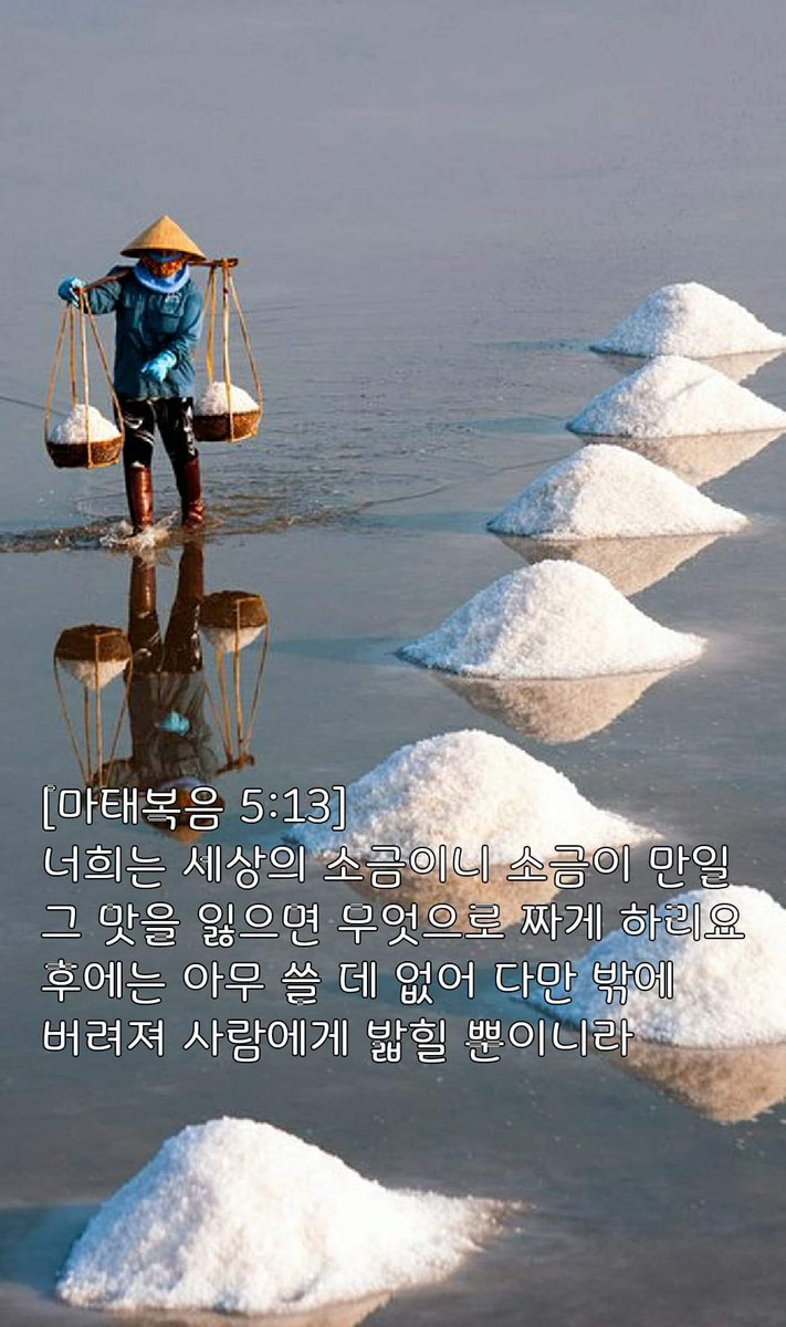 [마태복음 5:13]  너희는 세상의 소금이니 소금이 만일 그 맛을 잃으면 무엇으로 짜게 하리요 후에는 아무 쓸 데 없어 다만 밖에 버려져 사람에게 밟힐 뿐이니라