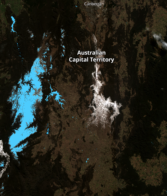 AllThingSpatial's tweet photo. Sentinel-2 🛰️ Australian Alps snow extents: 2024.07.27 Normalised Difference Snow Index, NDSI (blue highlight of snow cover and water extents) https://t.co/UoK7zRxWfJ