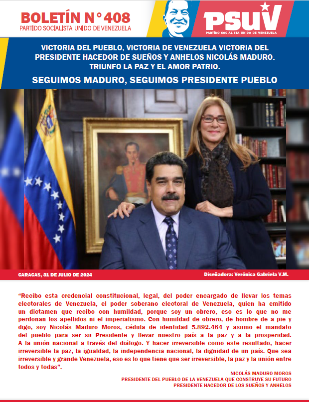 PartidoPSUV's tweet photo. Descargue y comparta: Edición Nº408 del Boletín Informativo del PSUV https://t.co/SjLJQXZ6mW

@NicolasMaduro 
@dcabellor 
@FidelVasquzPSUV 
#PuebloDeJusticia https://t.co/foLKdLcxzC