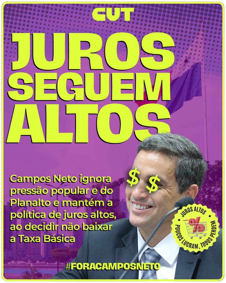 CUT_Brasil's tweet photo. Mesmo diante de inflação abaixo do teto da meta, Comitê de Política Monetária mantém Selic em 10,5%

#ForaCamposNeto #JurosBaixosJá https://t.co/BAZQevlmSl