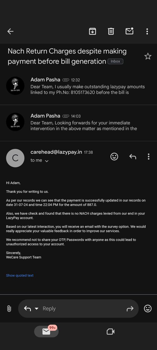 ADAM_PASHA_BLR's tweet photo. @Lazy_Pay Dear Team, 

My Regd number is 8105173620 as mentioned.

As I can see there is a revert over email as well but there is no mention of why the charges are deducted,when the payment was successful before bill generation. And over refund of charges. https://t.co/Iz2NgIpkZ7
