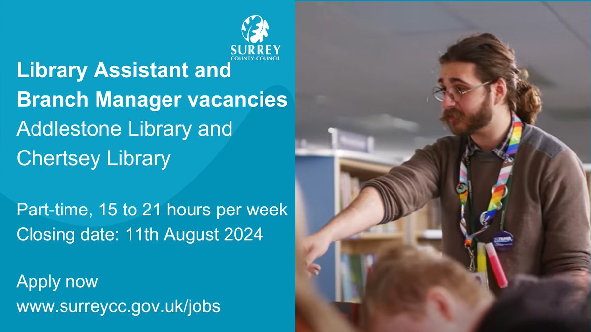 AddlestoneLib's tweet image. We are hiring! Come and work in our awesome library (and @ChertseyLib too!) 📚
We’re looking for:
• Branch Manager (21 hours per week)
• 2 Library Assistants (18 hours per week)
• 2 Library Assistants (15 hours per week)
Apply on our website: surreycc.gov.uk/jobs/
