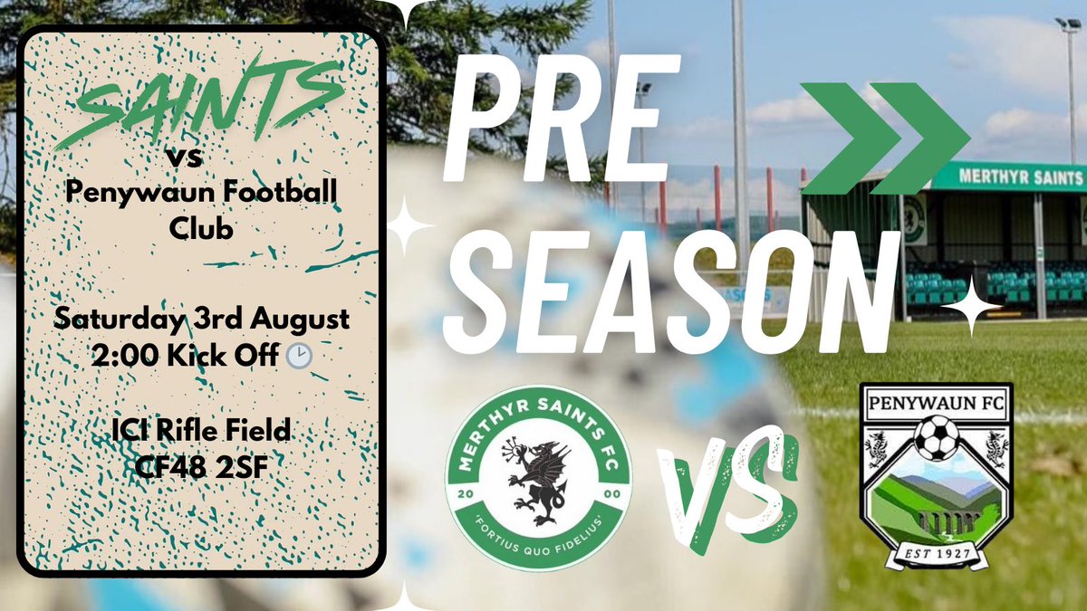 Merthyr Saints FC (@merthyrsaints) on Twitter photo ⚽️ Our pre-season continues on Saturday as we welcome <a href="/PenywaunC/">PenywaunFC</a> to the ICI.
Come up and support the boys 🟢⚪️
🕑2:00 Kick Off
🗓️ Saturday 3rd August
🍔 Toomey’s Munchbox open! ⚽️ Our pre-season continues on Saturday as we welcome <a href="/PenywaunC/">PenywaunFC</a> to the ICI.
Come up and support the boys 🟢⚪️
🕑2:00 Kick Off
🗓️ Saturday 3rd August
🍔 Toomey’s Munchbox open!