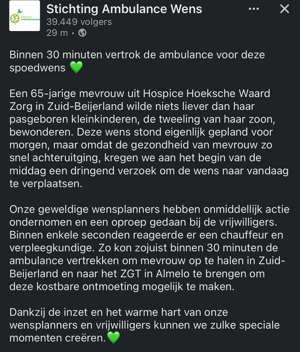 Geweldig dit weer!
Ook in de palliatieve zorg geldt soms dat elke seconde telt!
❤️❤️❤️ voor stichting ambulance wens <a href="/StAmbulancewens/">St.Ambulance Wens</a>