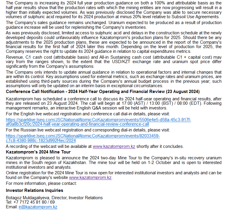 quakes99's tweet image. ⚡️📰Kazatomprom $KAP 2Q24 Operations and Trading Update indicates production "slightly higher" +5% in Q2 "due to an insignificant increase in both full year and Q2 2024 production plans" with average realized #Uranium price Up +44% to $68.33/lb YoY; 2024 Updated Guidance has…