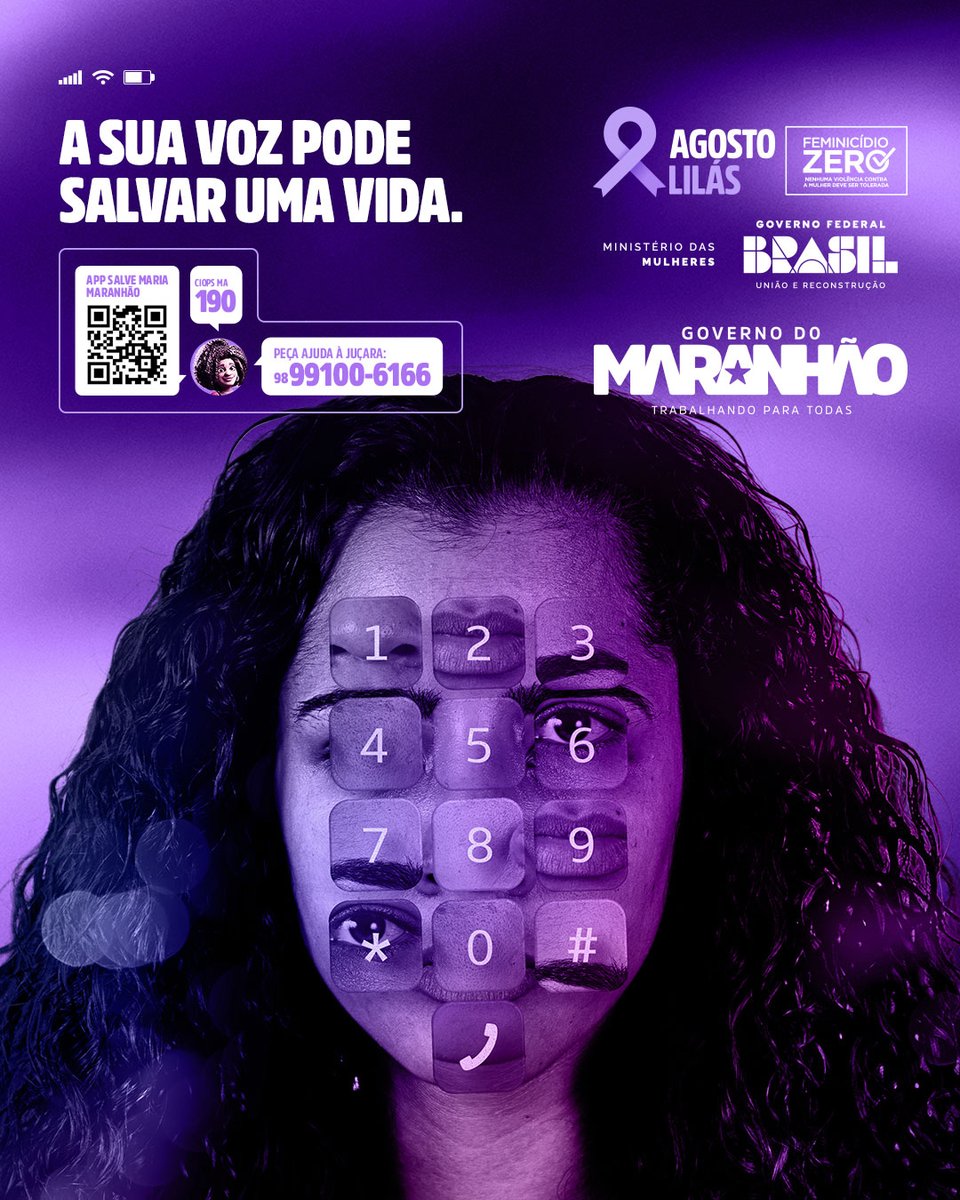 seap_ma's tweet image. 💜 Agosto Lilás, mês de conscientização sobre o combate à violência contra a mulher.

📱 Junte-se a nós nessa campanha pela vida. Denuncie por meio do APP Salve Maria, Disque 190 ou peça ajuda à Juçara no (98) 99100-6166.

🗣️ Não se cale! A sua voz pode salvar uma vida!