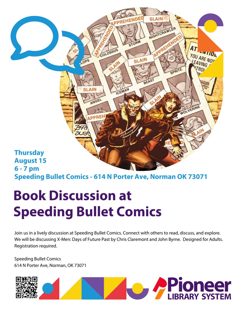 This month's comics-based book discussion group at Speeding Bullet Comics is on August 15th at 6 PM and we will discuss the classic X-Men: Days of Future Past by Chris Claremont and John Byrne. 
To register or for more info -- bit.ly/3A4WC1J