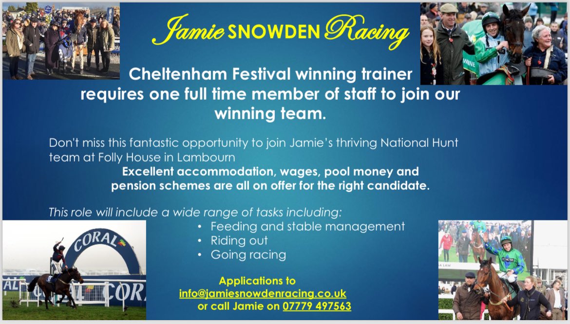 Following on from our record breaking prize money season we’re looking for one more team member to join us at Folly House in #Lambourn for the upcoming NH season. Opportunity awaits. #TopTeamEthos <a href="/Alexwalters89/">Alexandra Walters</a> <a href="/lucy_snowden/">Lucy Snowden</a>