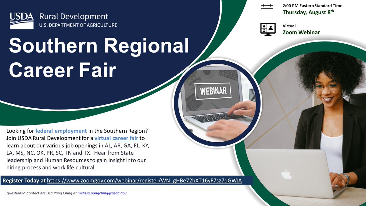 Looking for federal employment in Tennessee? Join USDA Rural Development for a virtual career fair to learn about our various job openings in the Southern Region. Register today at zoomgov.com/webinar/regist…