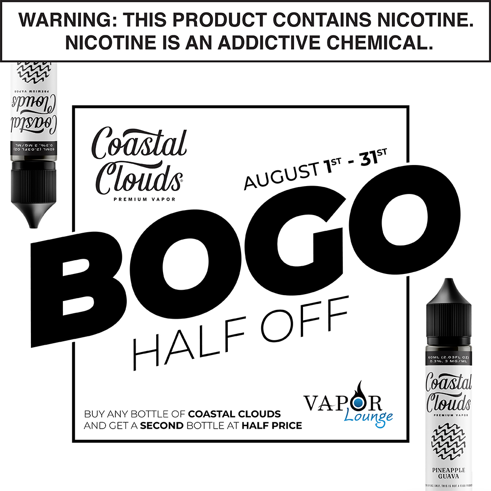Now through August 31st at Vapor Lounge, buy any bottle of Coastal Clouds e-liquid in salt or freebase, and get a second bottle for half price! 

#VaporLounge <a href="/coastalcloudsco/">coastalcloudsco</a>