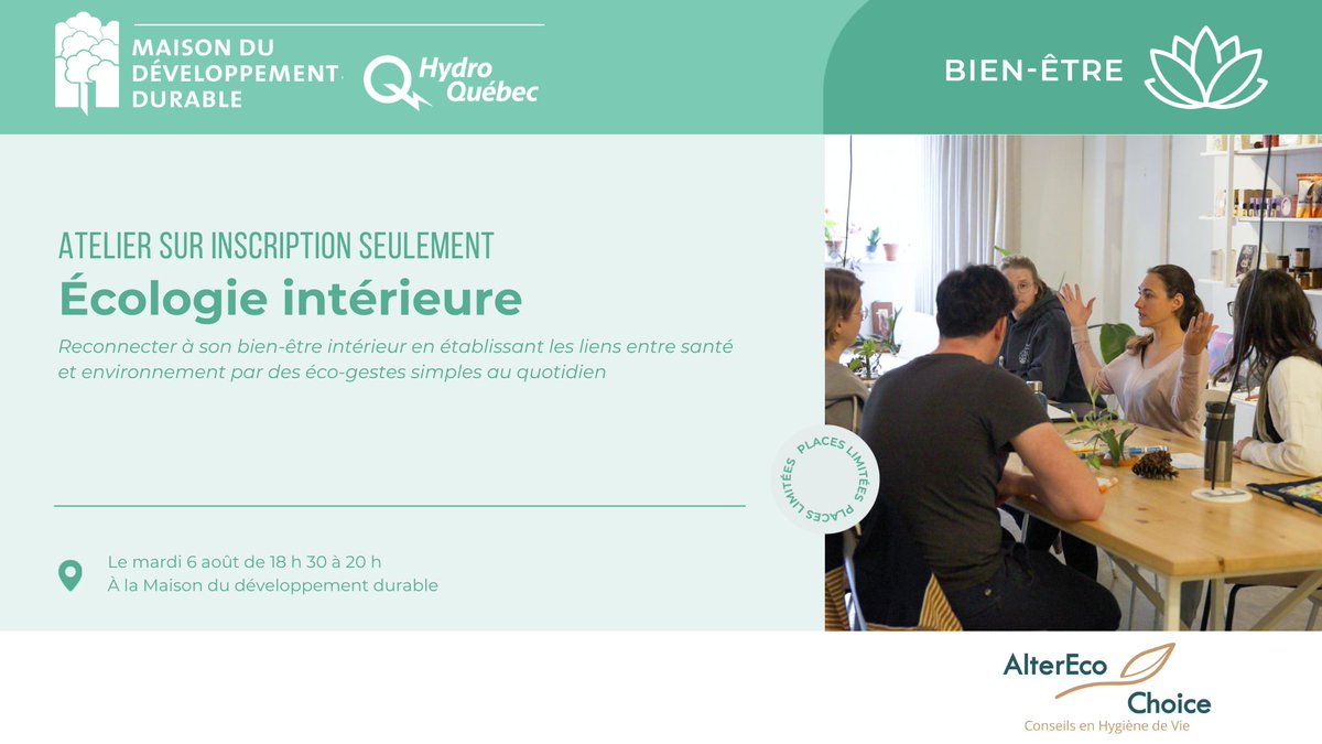 Le mardi 6 août participer à l'atelier Écologie intérieure pour reconnecter à votre bien-être intérieur, établir des liens entre votre santé personnelle et votre environnement immédiat et intégrer à votre routine quotidienne des éco-gestes simples.
👉 bit.ly/4c7tGDy