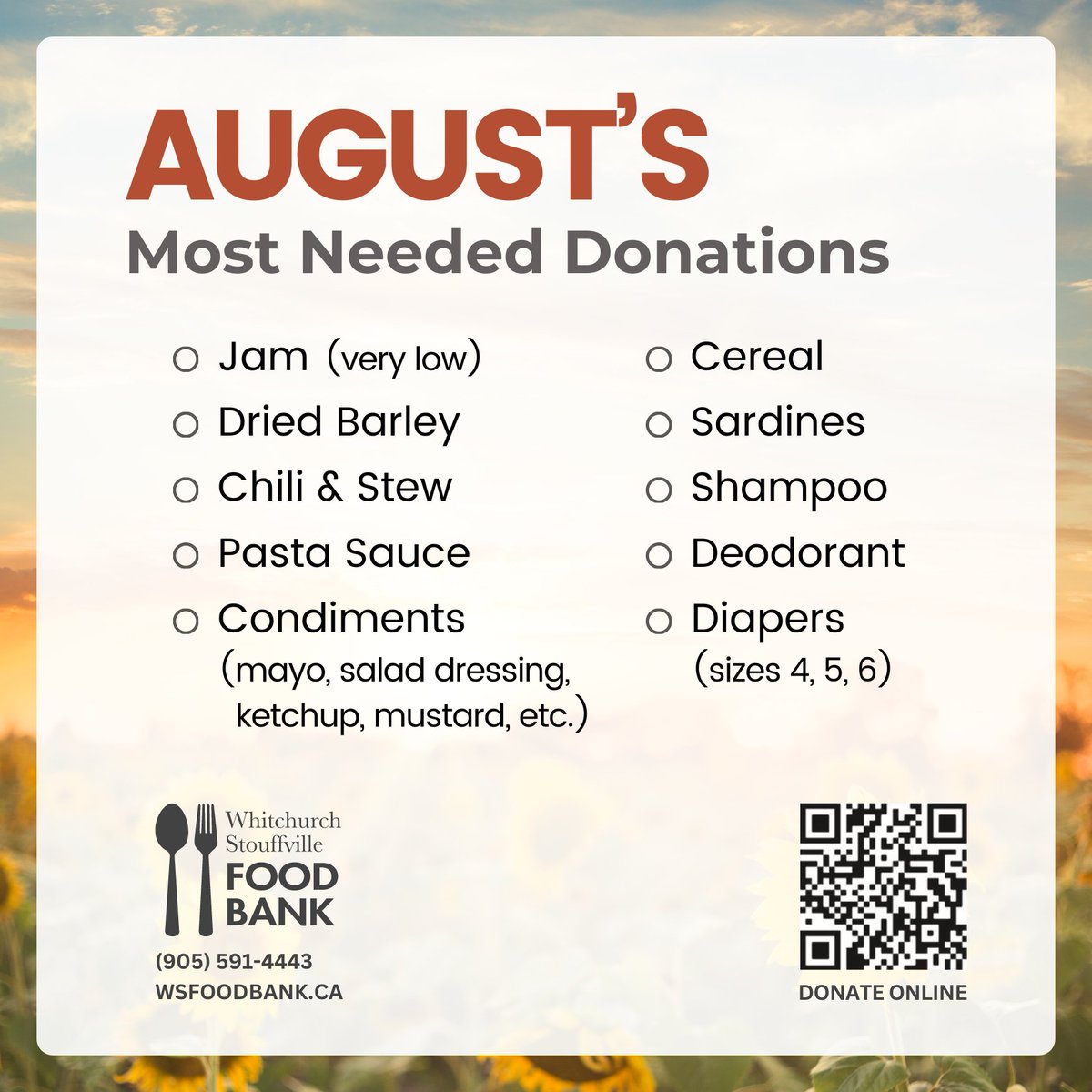 FoodWs's tweet photo. Summer is flying by!

But much like the heat, demand for food bank services is not letting up.

If you're headed to the store, please check out our Most Needed list and consider making a donation to the Whitchurch Stouffville Food Bank.

#Community #Giving #ForStouffville #FeedWS https://t.co/lnS6w4z90u